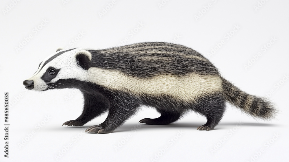 A detailed image of a badger in profile with black and white stripes on its fur, set against a white background A detailed image of a badger in profile with black and white stripes on its fur, set against a white background