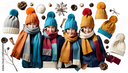  winter cozy warmth whimsy coterie hats scarves bedecked group people foulard warmth cosiness whimsical gathering individual adornment vibrant comfort cheer fashion style accessory cold weather photo