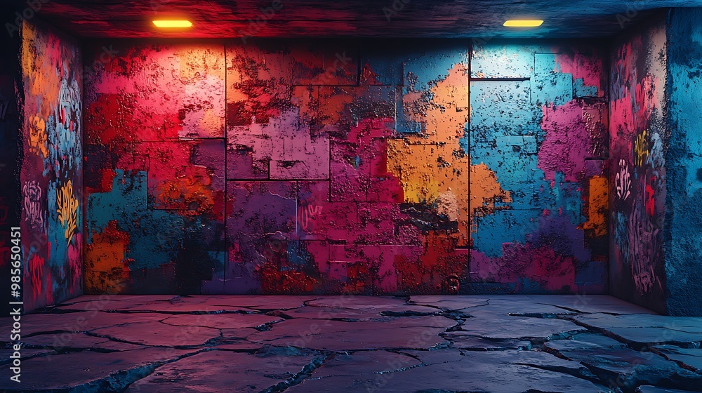 Obraz premium A vibrant explosion of graffiti patterns layered over a cracked concrete surface, glitch-like distortions enhancing the colorful designs, creating an energetic urban feel,