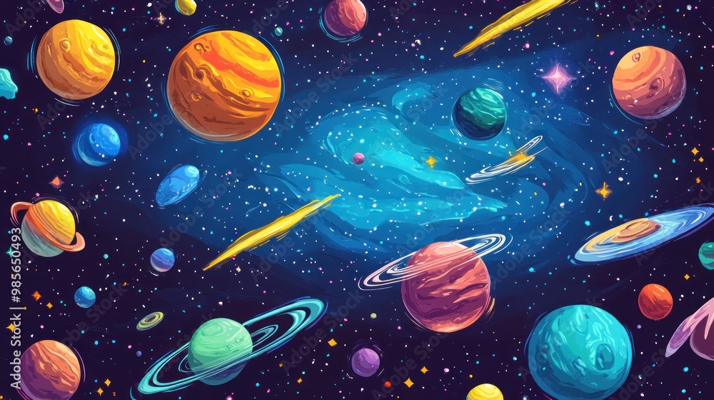 Colorful planets with rings and stars in the galaxy. Colorful planets with rings and stars in the galaxy.
