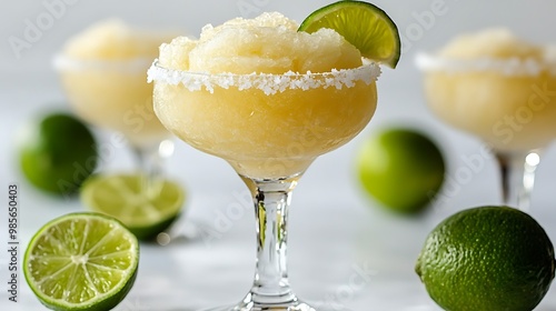 A frozen margarita cocktail in a chilled glass with salt on the rim, slushy texture, garnished with a lime wedge, on a white background, clean lighting, refreshing details.  --ar 16:9 --no logo photo