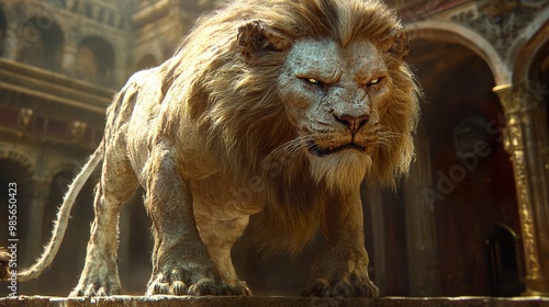 Majestic Lion Portrait: A Powerful Feline in a Stone Setting photo