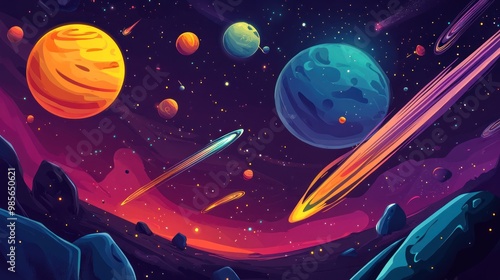 Fototapeta Naklejka Na Ścianę i Meble -  A vibrant, colorful illustration of a celestial scene with planets, stars, and comets.