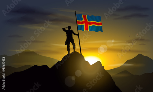 Aland Islands flag, silhouette of man holding flag on Sunset cliff. Vector Illustrator