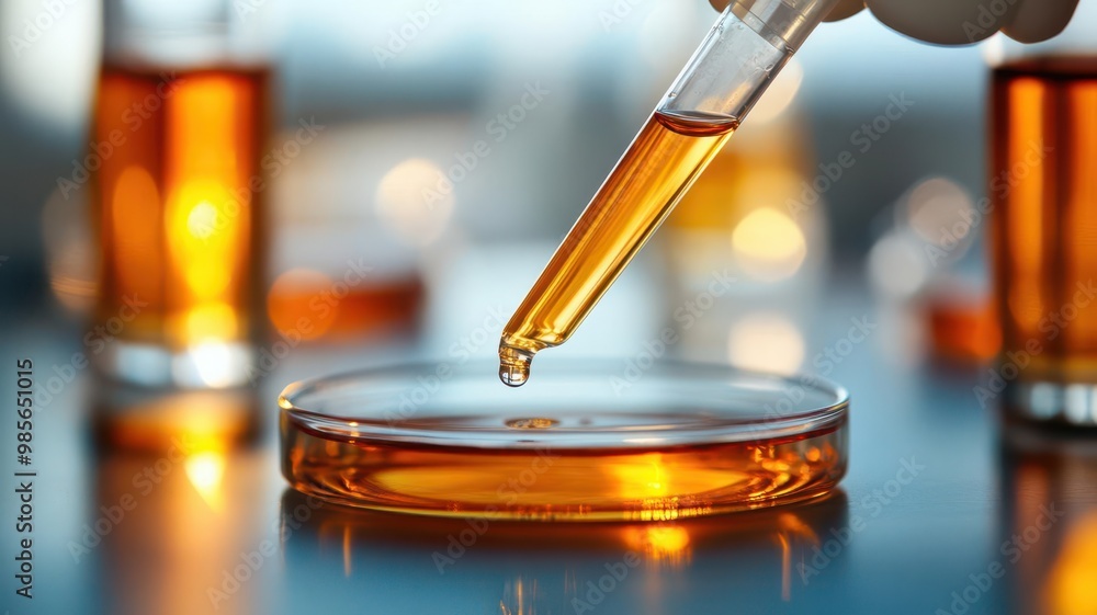 A pipette dispensing serum into a petri dish for testing the product s consistency and effectiveness A pipette dispensing serum into a petri dish for testing the product s consistency and effectiveness