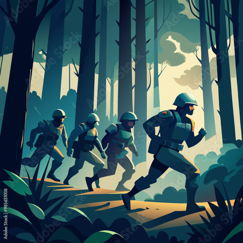 A military unit is running in a dense dark forest vector illustration