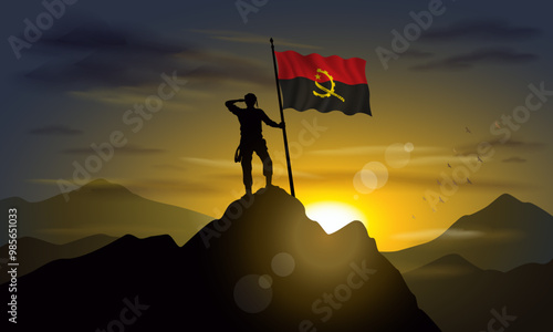 Angola flag, silhouette of man holding flag on Sunset cliff. Vector Illustrator