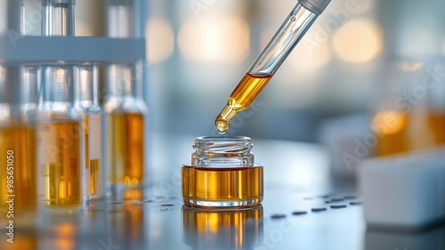 A pipette extracting serum from a glass vial during cosmetic formulation in a research lab