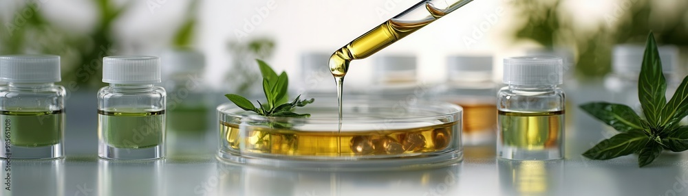 Pipette dripping botanical extracts into a petri dish filled with cosmetic samples