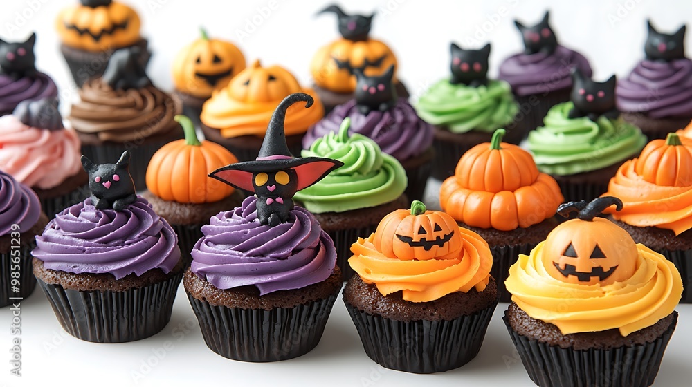 Halloween cupcakes are decorated with black cats and pumpkins, adding a spooky touch to the treats. Halloween cupcakes are decorated with black cats and pumpkins, adding a spooky touch to the treats.