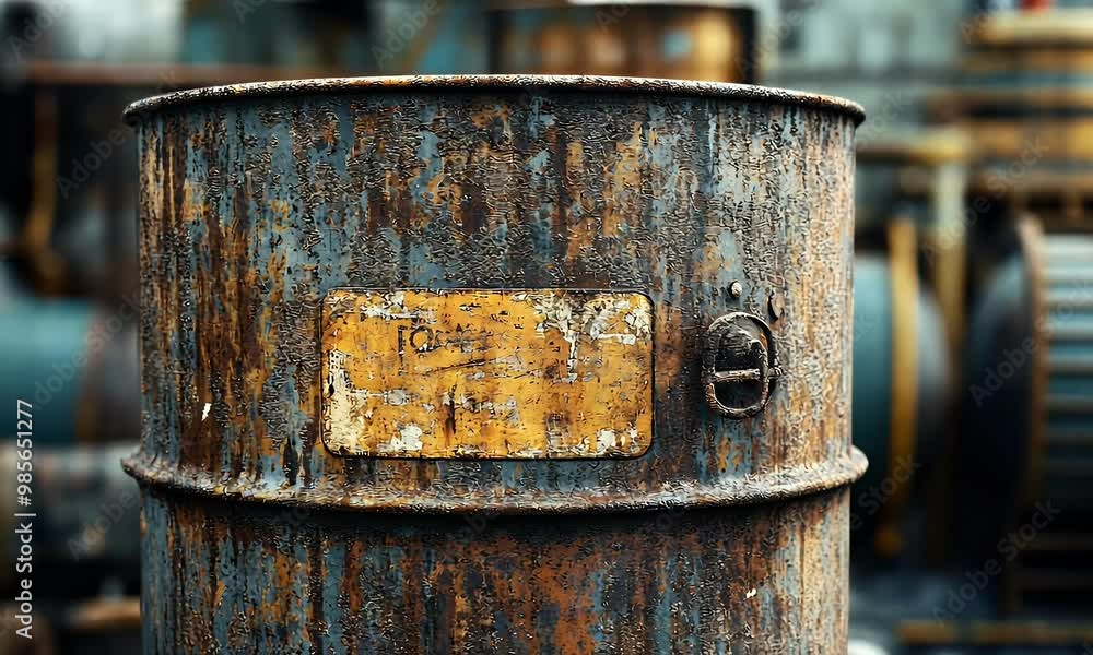 Close-Up of a Rusty Metal Barrel with a Yellow Label and a Metal Handle Close-Up of a Rusty Metal Barrel with a Yellow Label and a Metal Handle