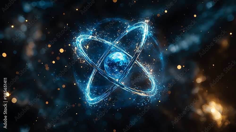 An abstract blue atom model glows with energy, its particles shimmering with light. An abstract blue atom model glows with energy, its particles shimmering with light.