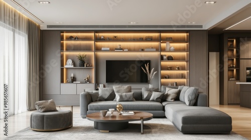 Modern living room with sectional sofa, coffee table, and large bookcase.