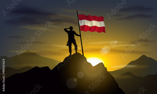 Austria flag, silhouette of man holding flag on Sunset cliff. Vector Illustrator