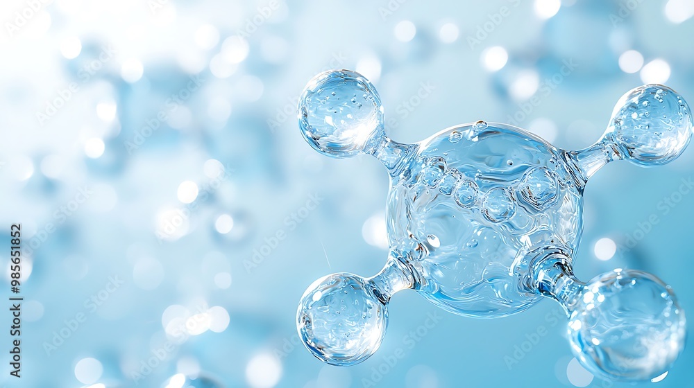 A 3D render of a water molecule appears against a serene blue background. A 3D render of a water molecule appears against a serene blue background.