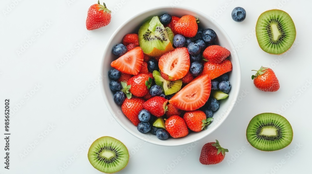 A bowl of mixed fruit including strawberries, blueberries, and kiwi on white A bowl of mixed fruit including strawberries, blueberries, and kiwi on white