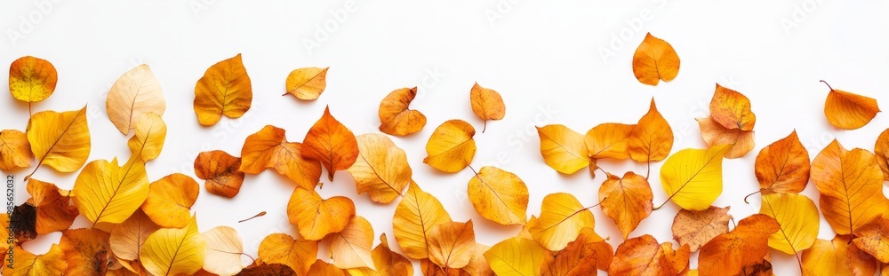 Autumnal Embrace: Golden leaves scattered on a pristine white background, creating a serene and picturesque autumnal scene. Perfect for fall-themed designs and seasonal projects. Autumnal Embrace: Golden leaves scattered on a pristine white background, creating a serene and picturesque autumnal scene. Perfect for fall-themed designs and seasonal projects.