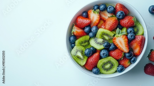 A bowl of mixed fruit including strawberries, blueberries, and kiwi on white