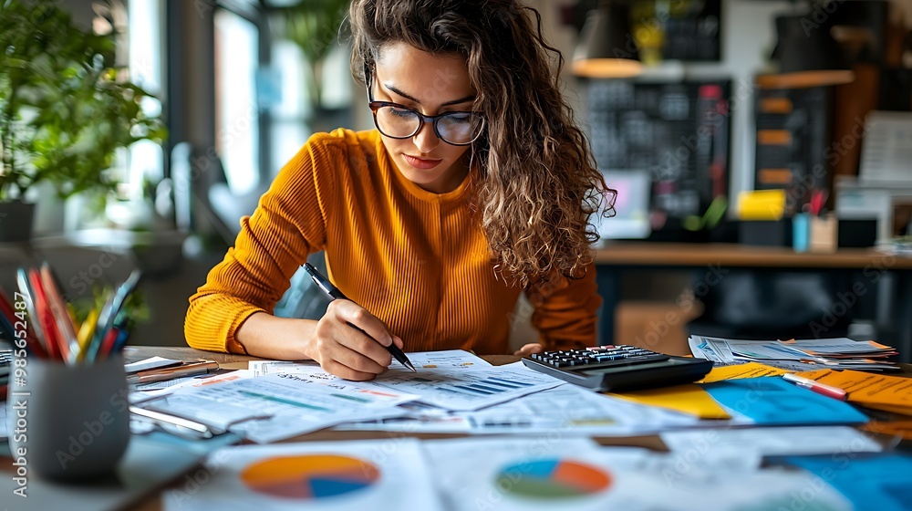 Fototapeta premium A businesswoman at her desk, deep in thought, analyzing charts and graphs with precision.
