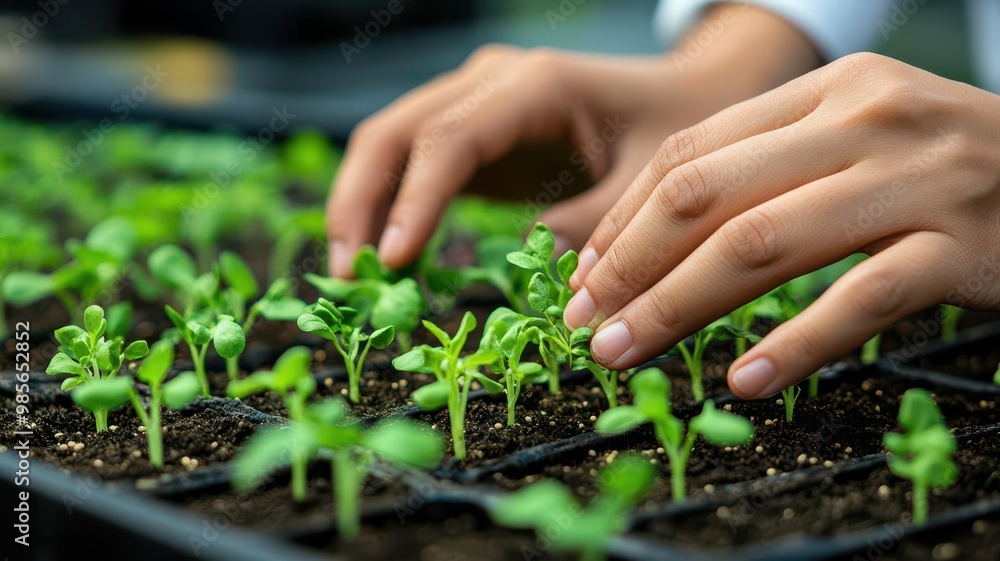 Close-up of hands planting seeds in a lab setting, representing sustainable agriculture research Close-up of hands planting seeds in a lab setting, representing sustainable agriculture research