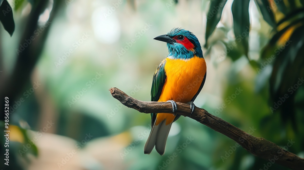 Naklejka premium A vibrantly colored bird perches on a branch in a lush green forest.