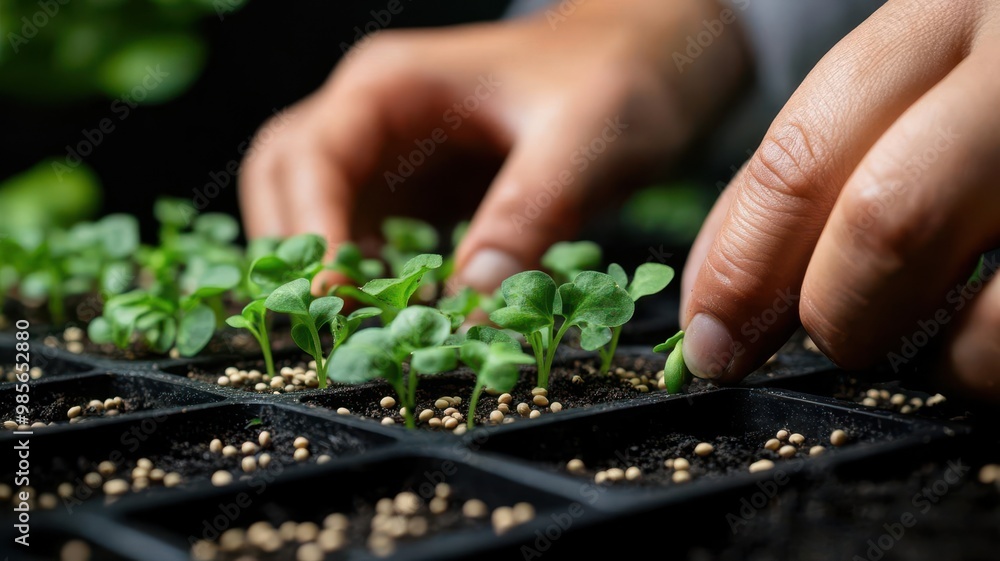 Close-up of hands planting seeds in a lab setting, representing sustainable agriculture research Close-up of hands planting seeds in a lab setting, representing sustainable agriculture research