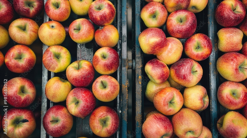 Aerial view of apples on a conveyor belt being polished and inspected in a large fruit packaging factory Aerial view of apples on a conveyor belt being polished and inspected in a large fruit packaging factory
