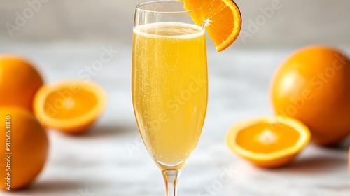 A Mimosa cocktail in a champagne flute, light orange liquid, garnished with a slice of orange, on a bright white background, simple and clean composition, soft lighting. --ar 16:9 --no logo