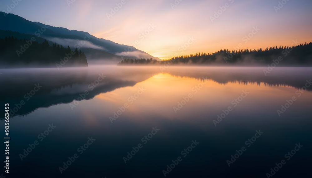 Misty Lake with Mountain Silhouette at Sunset Misty Lake with Mountain Silhouette at Sunset