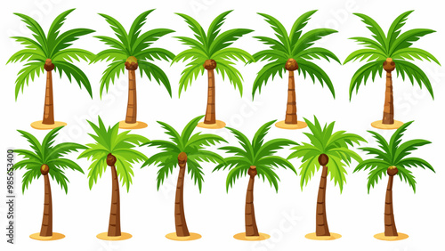 Set of Palm and Coconut Trees Isolated on White Backgroun