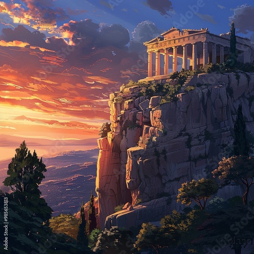 The scenic landscape view of an ancient Greek rock temple