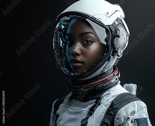 Female African American astronaut in AI-integrated space exploration gear.