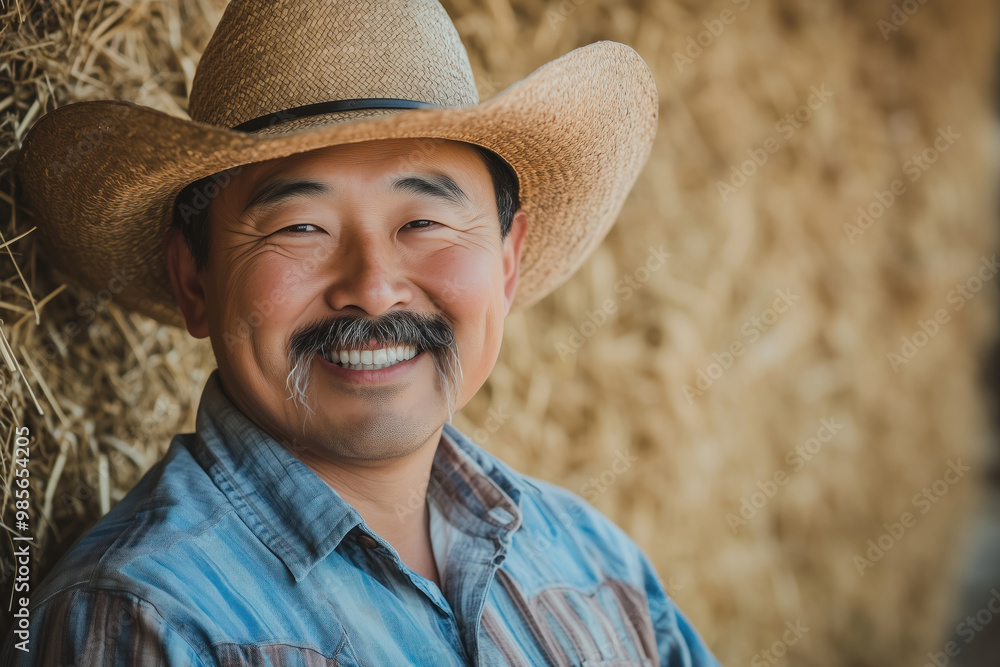 Fototapeta premium Asian man wearing cowboy hat and horseshoe mustache, copy space on hay barn background