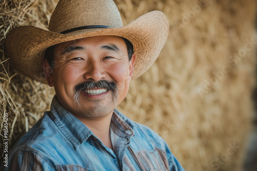 Asian man wearing cowboy hat and horseshoe mustache, copy space on hay barn background