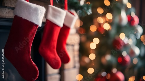 Cozy Christmas Hanging on Fireplace Mantel with Blurred Background