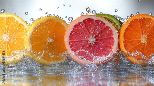 Vibrant citrus fruits splashing in water, showcasing freshness.