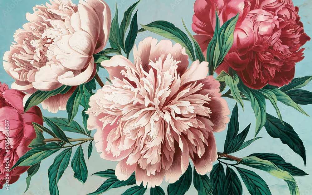 Close-up of pink and red peonies with green leaves on a blue background. Close-up of pink and red peonies with green leaves on a blue background.