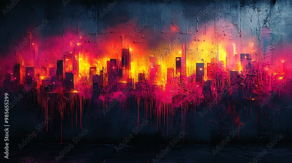 An urban wall covered in chaotic graffiti strokes and abstract geometric patterns, neon colors sprayed across rough concrete surfaces, sharp shapes and vibrant paint dripping in layers, An urban wall covered in chaotic graffiti strokes and abstract geometric patterns, neon colors sprayed across rough concrete surfaces, sharp shapes and vibrant paint dripping in layers,