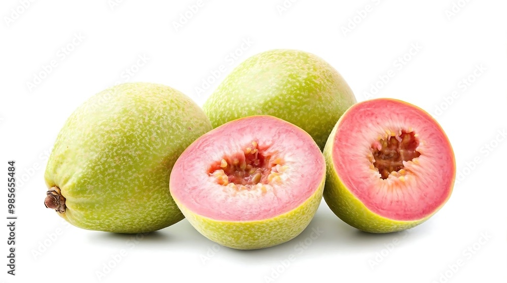 Fototapeta premium Fresh Green Guava with Pink Flesh Isolated on White Background
