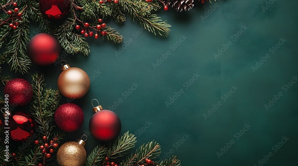 Elegant Red and Gold Christmas Tree Ornaments with Green Background and Space for Holiday Messages Elegant Red and Gold Christmas Tree Ornaments with Green Background and Space for Holiday Messages
