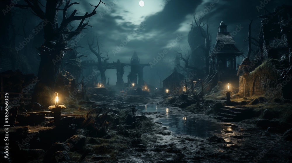 Fototapeta premium Graveyard in spooky death Forest At Halloween Night.