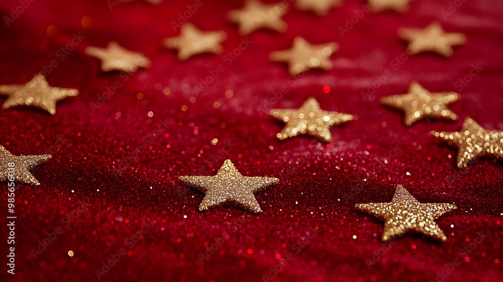 Elegant Glittering Gold Stars on Luxurious Red Velvet Background for Holiday Designs Elegant Glittering Gold Stars on Luxurious Red Velvet Background for Holiday Designs