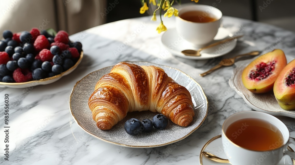 An elegant breakfast table with honey drizzled over a warm croissant, accompanied by fruit and tea An elegant breakfast table with honey drizzled over a warm croissant, accompanied by fruit and tea