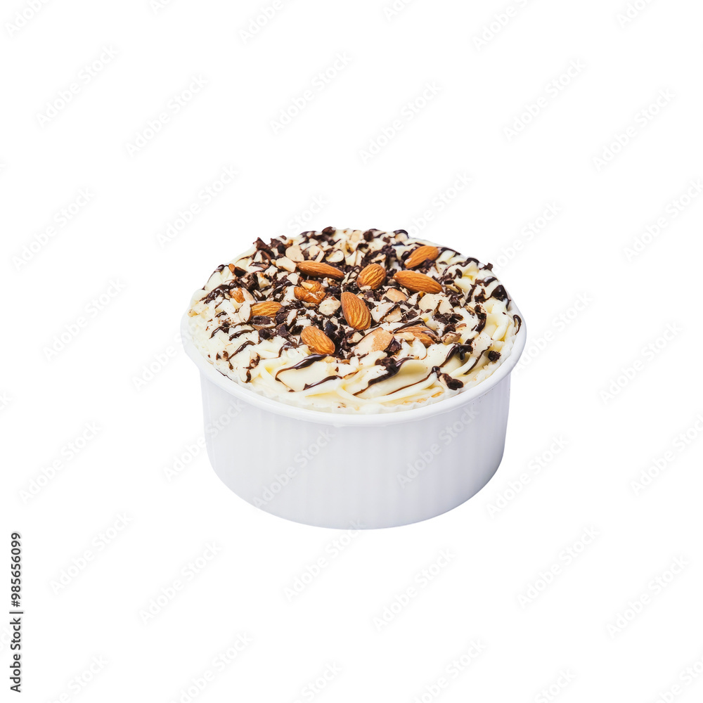 Delicious Almond and Chocolate Dessert in a White Ramekin Delicious Almond and Chocolate Dessert in a White Ramekin