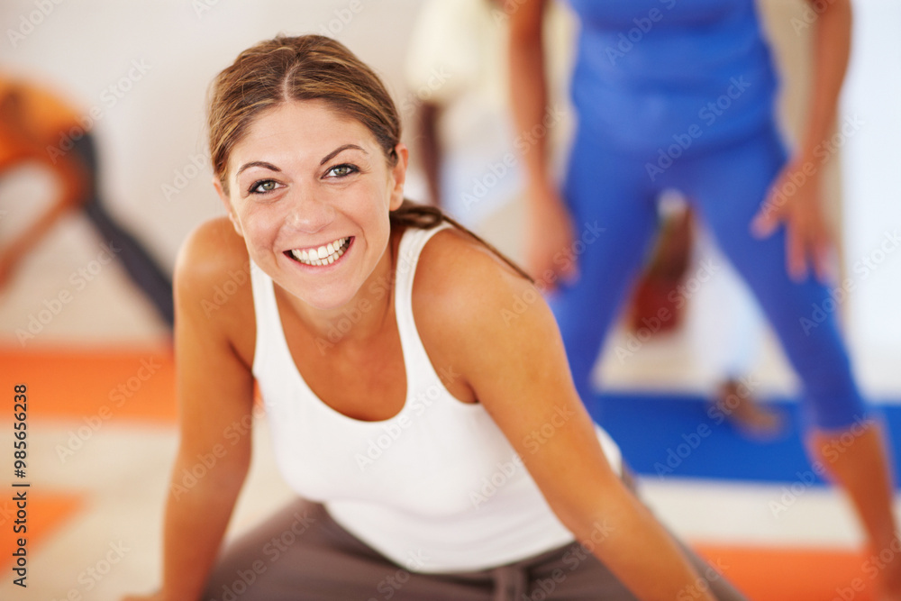 Woman, portrait and instructor at yoga class, fitness and gym for pilates in stretching position. Female person, yogi teacher and coach for peace at studio, support people and trainer for mindfulness Woman, portrait and instructor at yoga class, fitness and gym for pilates in stretching position. Female person, yogi teacher and coach for peace at studio, support people and trainer for mindfulness