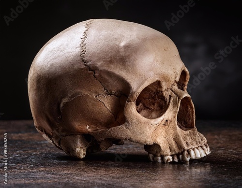 Human skull with teeth on black.