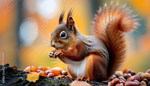 Autumn scene featuring a red squirrel savoring a nut amidst colorful fallen leaves photo