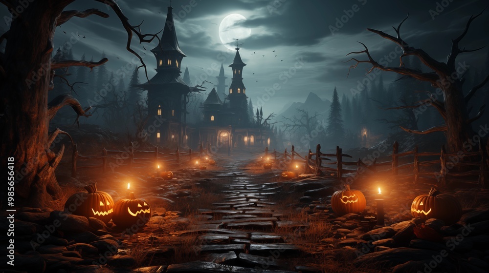 Obraz premium Halloween background with pumpkins and haunted house - 3D render. Halloween background with Evil Pumpkin. Spooky scary dark Night forrest. Holiday event halloween banner background concept
