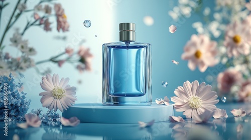 Blue perfume bottle on a blue podium surrounded by pink flowers and petals.