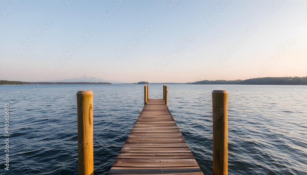 Wooden Dock Extending into a Tranquil Lake with a Mountain in the Distance
